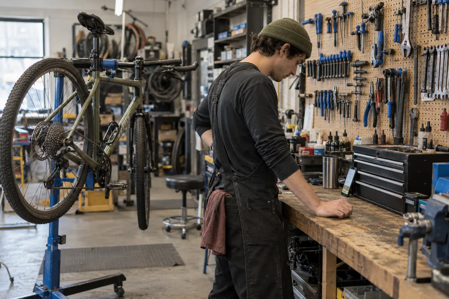 A bike repair shop owner reading his phone at the workbench