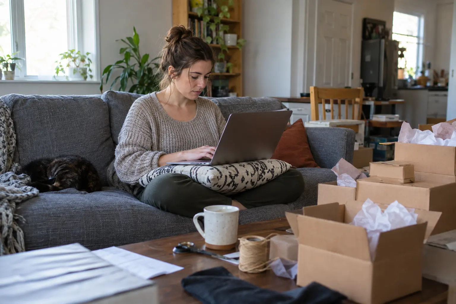 An online shop owner working on a laptop on her couch between packing orders