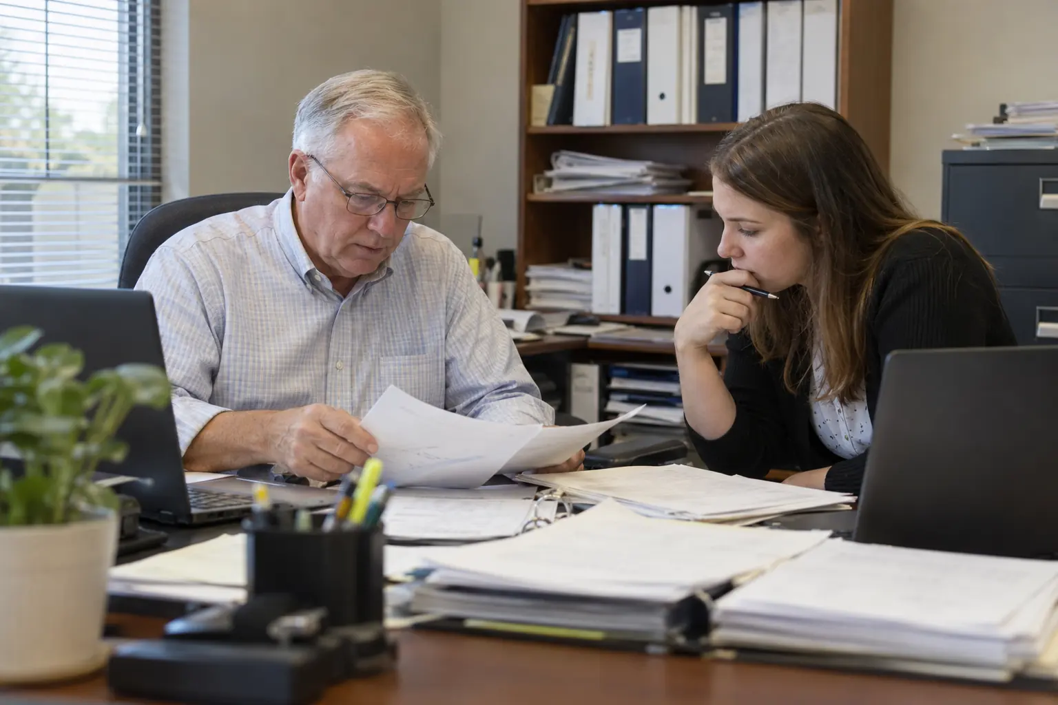 Two people in a small accounting practice reviewing a client's paperwork together