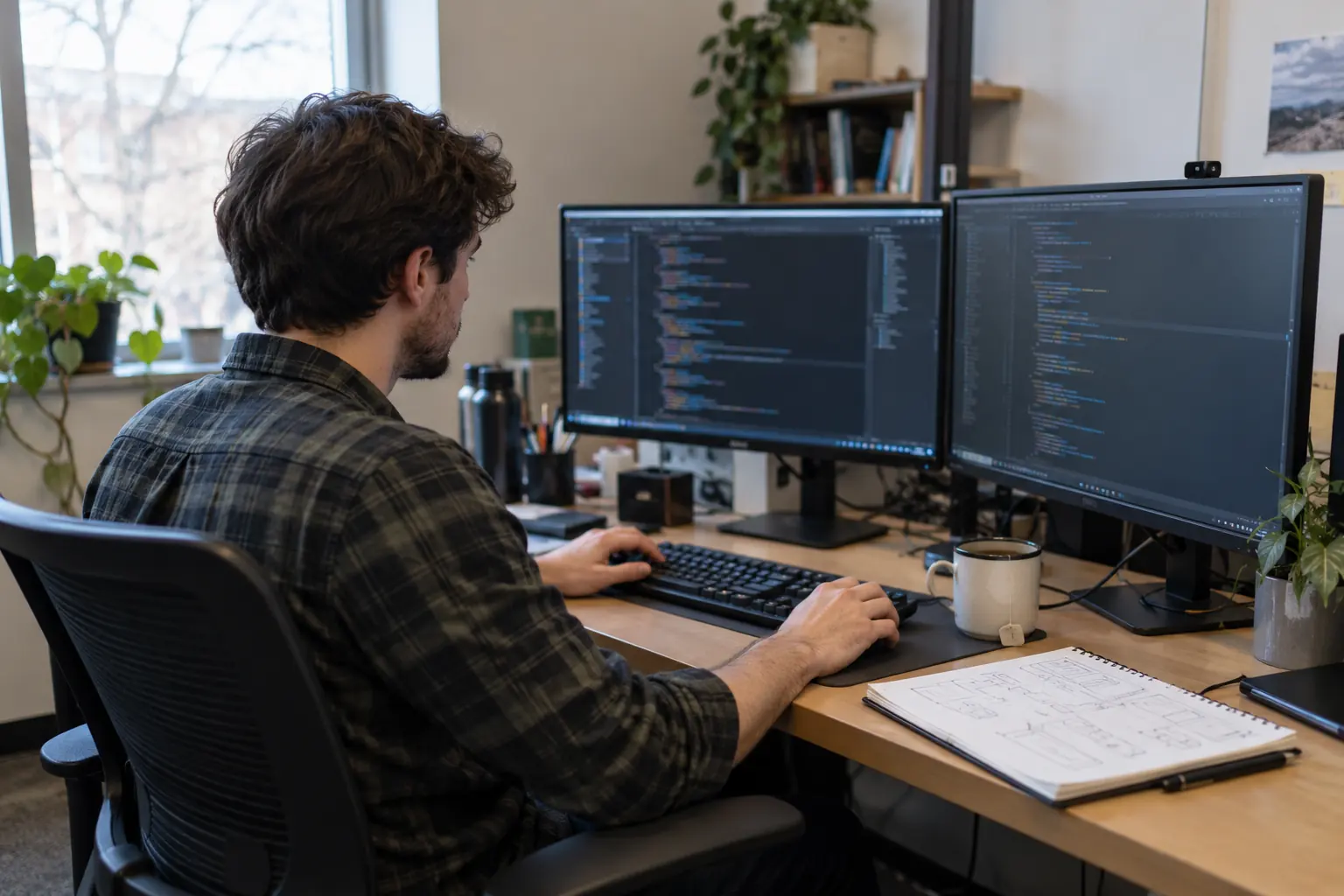 A developer working at a desk with two monitors and a notebook of diagrams