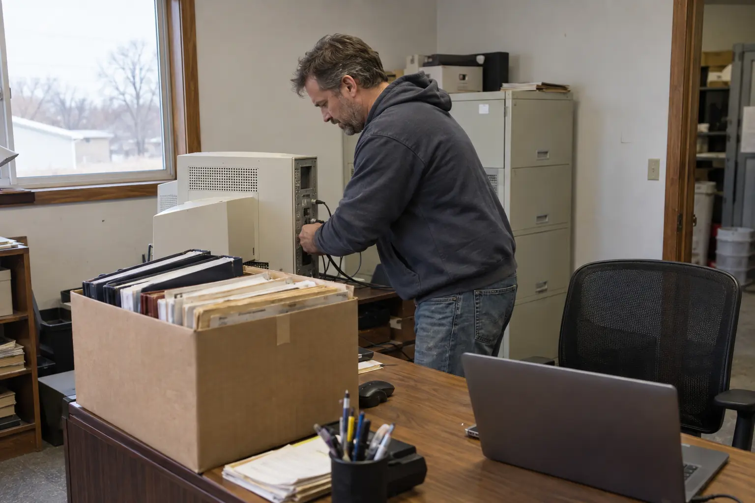 A plumbing company owner clearing out old paper ledgers and an old desktop computer next to a new laptop