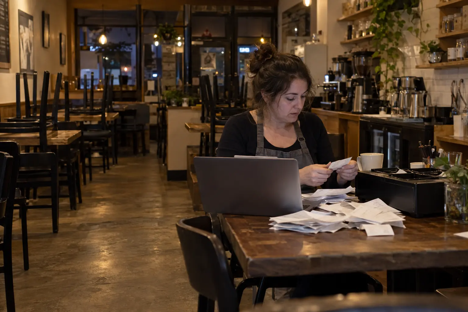 A cafe owner going through the day's receipts on a laptop after closing