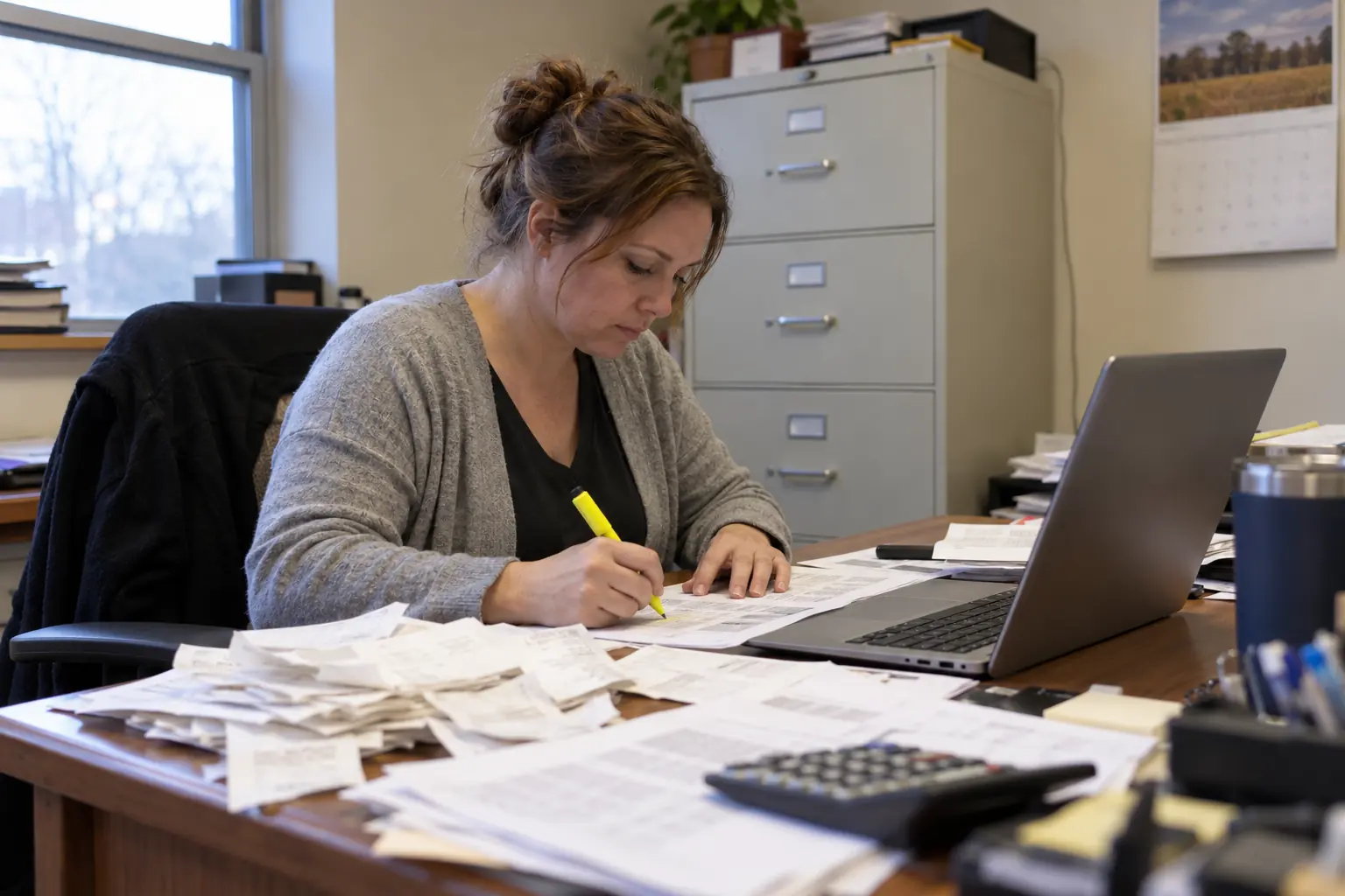 A woman doing the books for a small flooring company at a back-office desk with receipts and a bank statement
