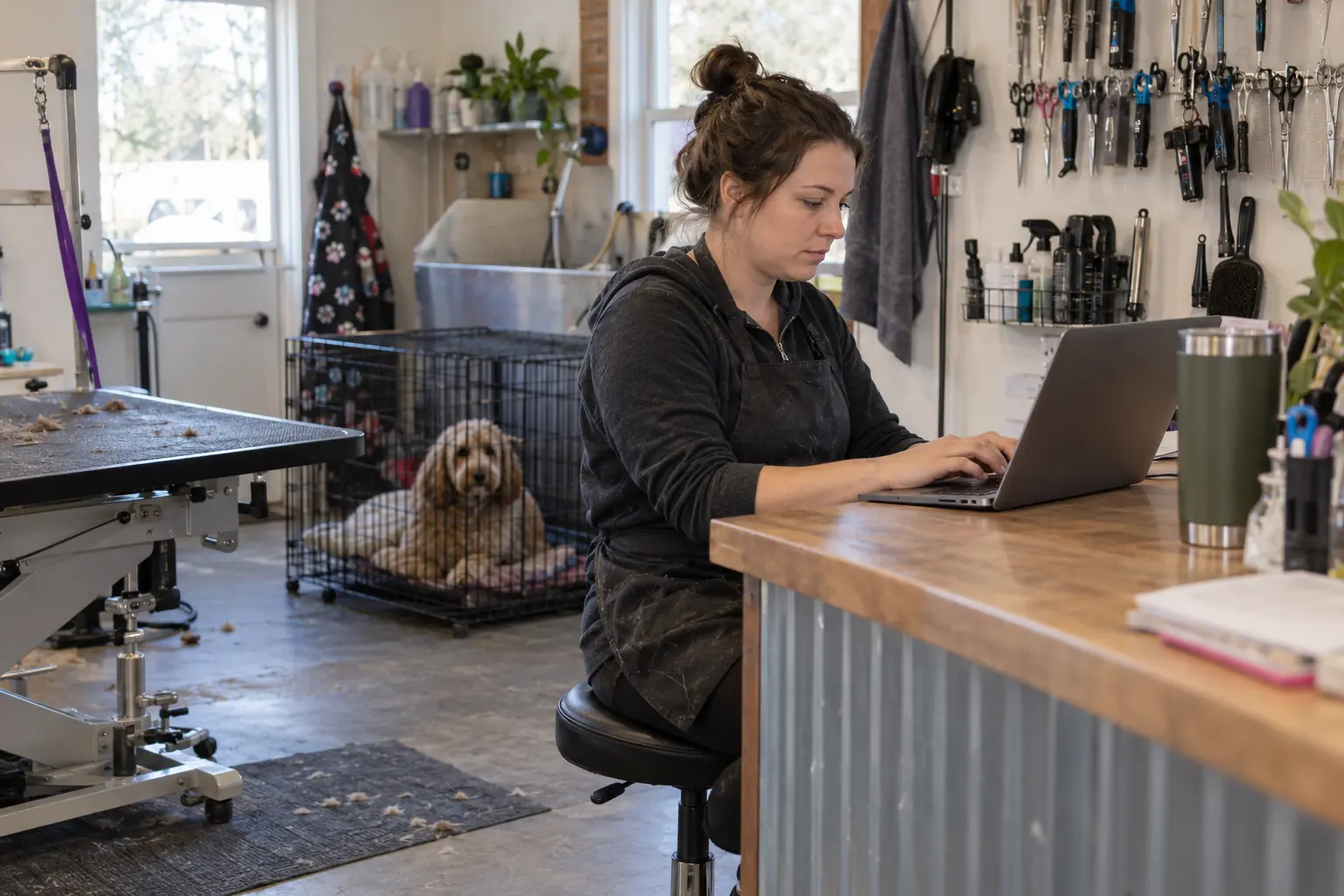 A dog grooming shop owner working on a laptop at the front counter between appointments