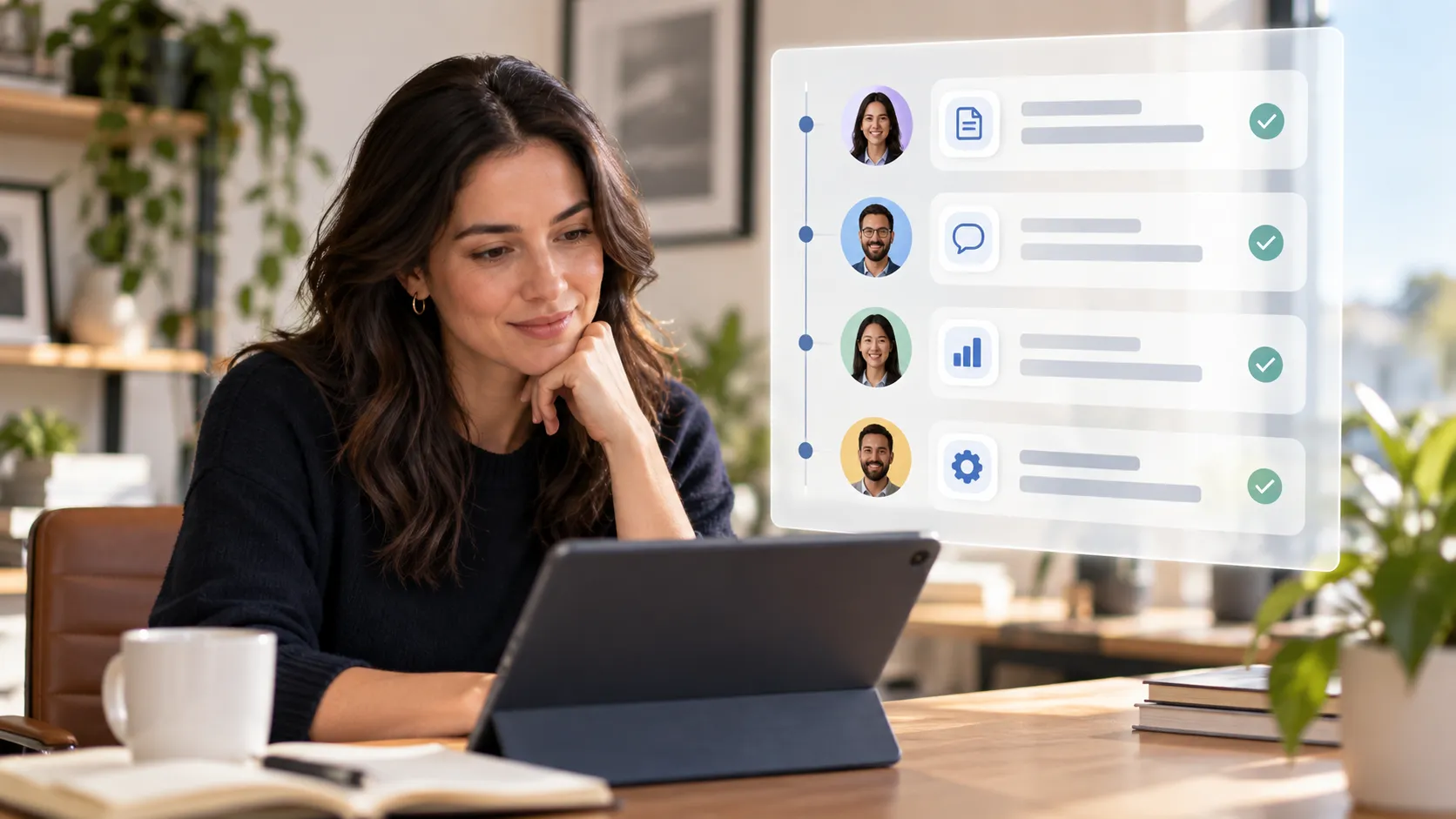 A person reviewing a clear, legible timeline of AI agent activity with avatars, icons, and completion checks