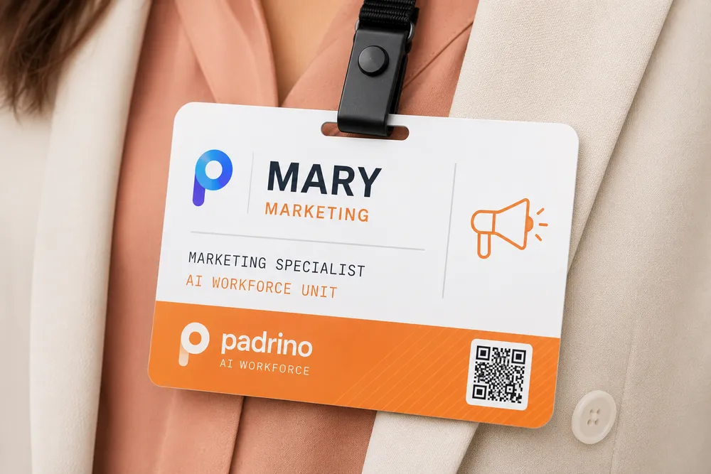 Mary Marketing — Padrino AI Workforce ID badge
